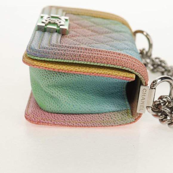 CHANEL Chain Boy Chanel Shoulder Bag Caviar Skin Silver Rainbow CC Auth 147968SM