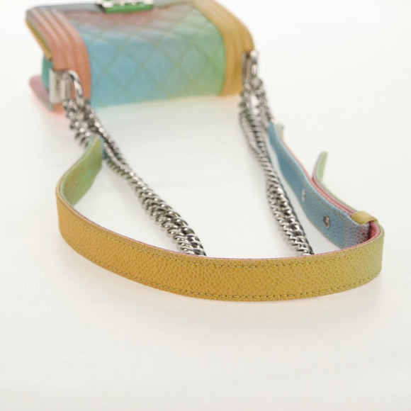 CHANEL Chain Boy Chanel Shoulder Bag Caviar Skin Silver Rainbow CC Auth 147968SM