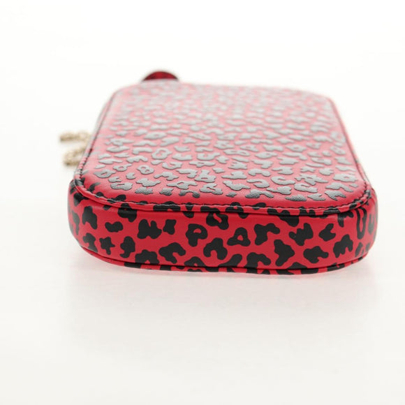 Christian Dior Chain Phone Pouch Leather 2way Red Gold Auth 147971SAM