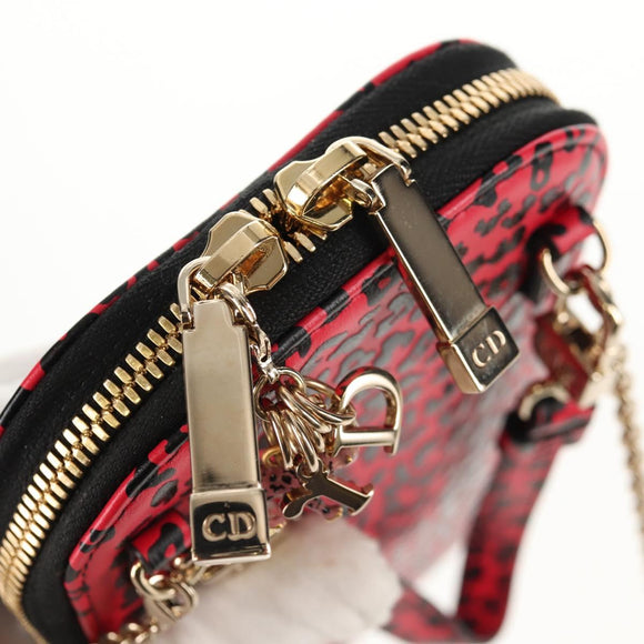 Christian Dior Chain Phone Pouch Leather 2way Red Gold Auth 147971SAM