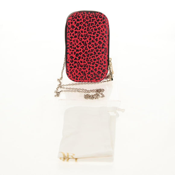 Christian Dior Chain Phone Pouch Leather 2way Red Gold Auth 147971SAM