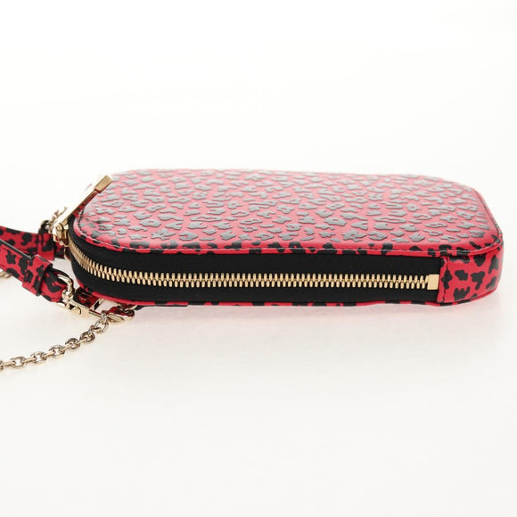 Christian Dior Chain Phone Pouch Leather 2way Red Gold Auth 147971SAM