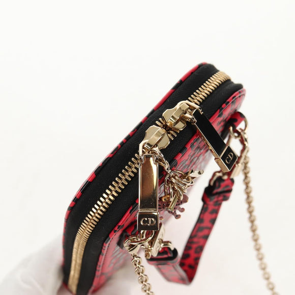Christian Dior Chain Phone Pouch Leather 2way Red Gold Auth 147971SAM