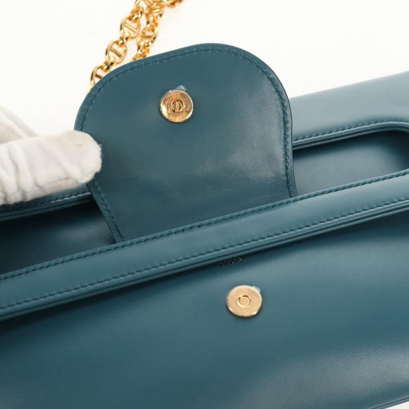 Christian Dior Chain Dior Double Shoulder Bag Leather Blue Gold Auth 147974M