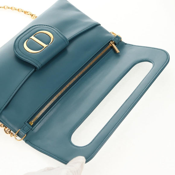 Christian Dior Chain Dior Double Shoulder Bag Leather Blue Gold Auth 147974M