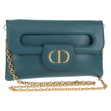 Christian Dior Chain Dior Double Shoulder Bag Leather Blue Gold Auth 147974M