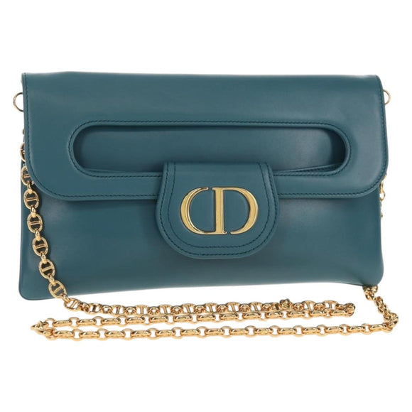 Christian Dior Chain Dior Double Shoulder Bag Leather Blue Gold Auth 147974M