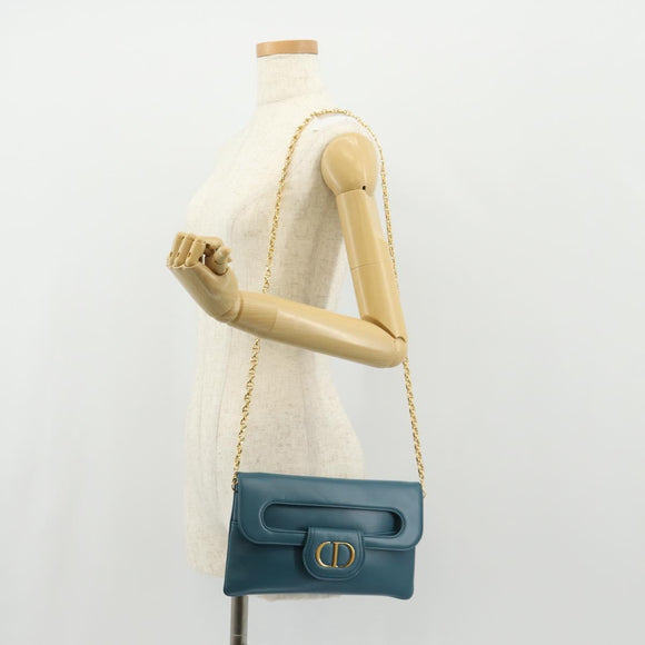 Christian Dior Chain Dior Double Shoulder Bag Leather Blue Gold Auth 147974M