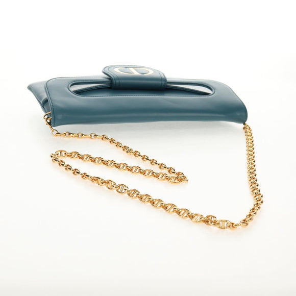 Christian Dior Chain Dior Double Shoulder Bag Leather Blue Gold Auth 147974M