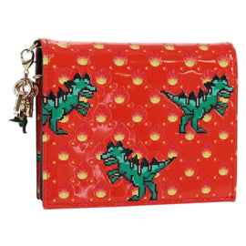 Christian Dior Compact Wallet Patent leather Red Gold Auth 147975M