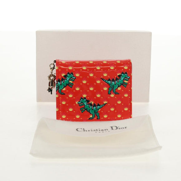 Christian Dior Compact Wallet Patent leather Red Gold Auth 147975M
