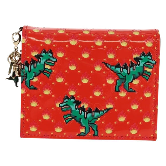 Christian Dior Compact Wallet Patent leather Red Gold Auth 147975M