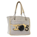 CHANEL Choco Bar Camellia Chain Tote Bag Canvas Gray Silver CC Auth 148029-1
