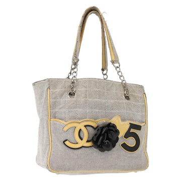 CHANEL Choco Bar Camellia Chain Tote Bag Canvas Gray Silver CC Auth 148029