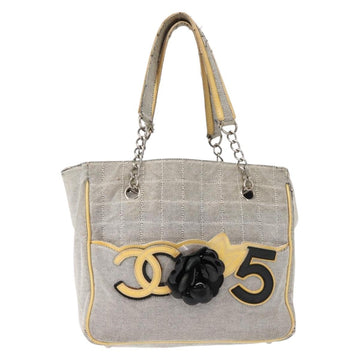 CHANEL Choco Bar Camellia Chain Tote Bag Canvas Gray Silver CC Auth 148029 - 0