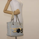 CHANEL Choco Bar Camellia Chain Tote Bag Canvas Gray Silver CC Auth 148029-22