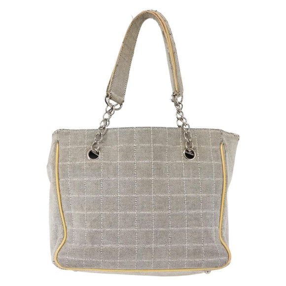 CHANEL Choco Bar Camellia Chain Tote Bag Canvas Gray Silver CC Auth 148029
