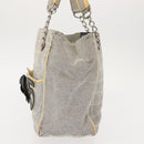 CHANEL Choco Bar Camellia Chain Tote Bag Canvas Gray Silver CC Auth 148029-4