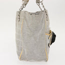 CHANEL Choco Bar Camellia Chain Tote Bag Canvas Gray Silver CC Auth 148029-5