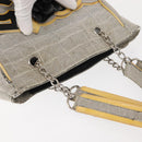 CHANEL Choco Bar Camellia Chain Tote Bag Canvas Gray Silver CC Auth 148029-7