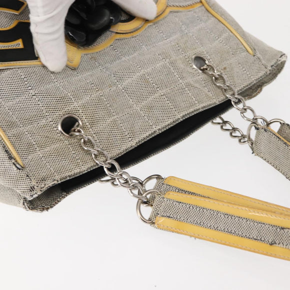 CHANEL Choco Bar Camellia Chain Tote Bag Canvas Gray Silver CC Auth 148029