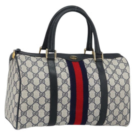 GUCCI GG Supreme Sherry Line Boston Bag PVC Navy Gold Red Auth 148161