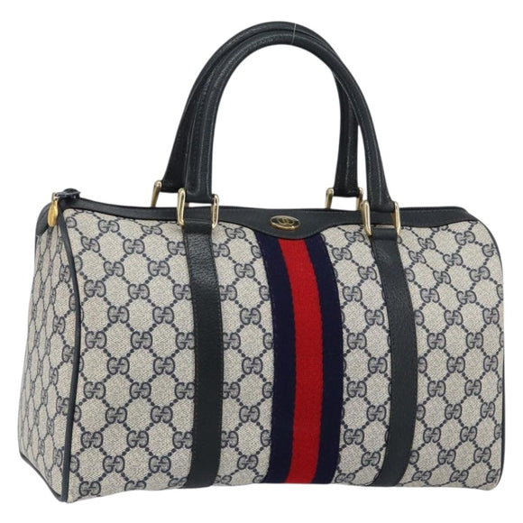 GUCCI GG Supreme Sherry Line Boston Bag PVC Navy Gold Red Auth 148161