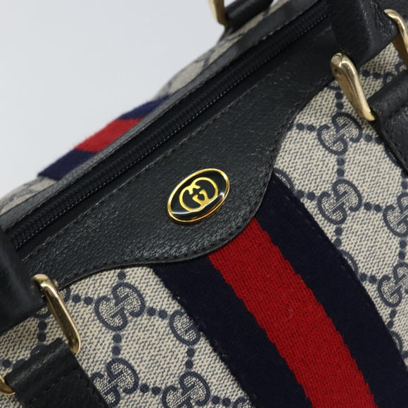 GUCCI GG Supreme Sherry Line Boston Bag PVC Navy Gold Red Auth 148161