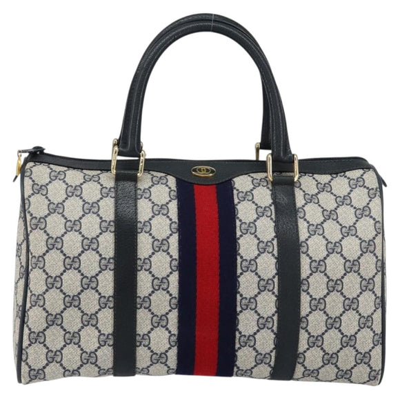 GUCCI GG Supreme Sherry Line Boston Bag PVC Navy Gold Red Auth 148161