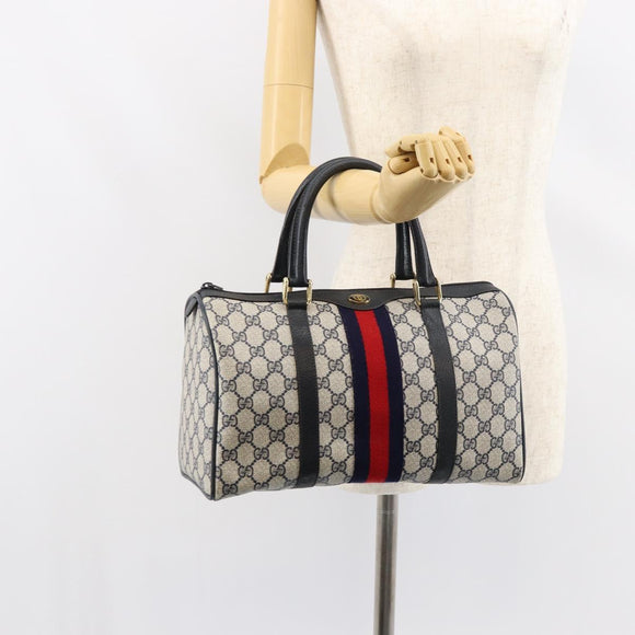 GUCCI GG Supreme Sherry Line Boston Bag PVC Navy Gold Red Auth 148161