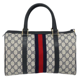 GUCCI GG Supreme Sherry Line Boston Bag PVC Navy Gold Red Auth 148161 - 0