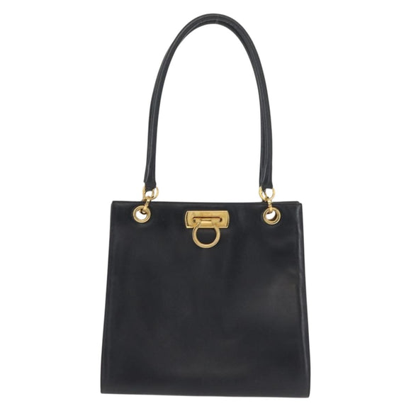 Salvatore Ferragamo Gancini Shoulder Bag Leather Navy Gold Auth 148175