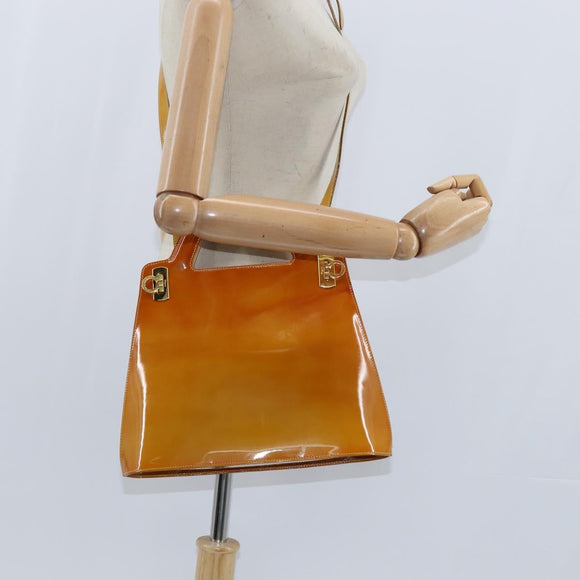 Salvatore Ferragamo Gancini Hand Bag Enamel 2way Orange Gold Auth 148178