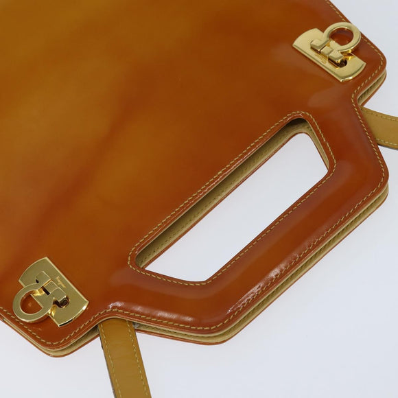 Salvatore Ferragamo Gancini Hand Bag Enamel 2way Orange Gold Auth 148178