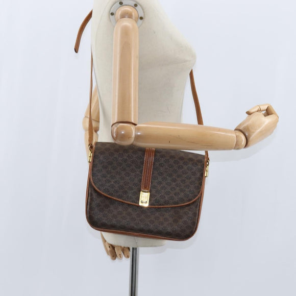 CELINE Macadam Canvas Shoulder Bag PVC Leather Brown Gold Auth 148184