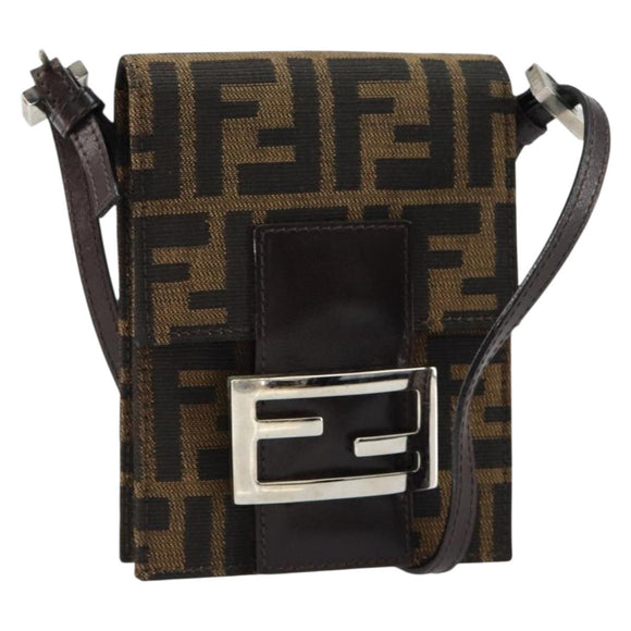 FENDI Zucca Canvas Mamma Baguette Shoulder Bag Black Brown Silver Auth 148188V