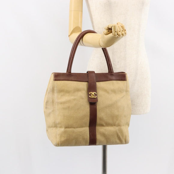 CHANEL Tote Bag Canvas Leather Beige Gold CC Auth 148197