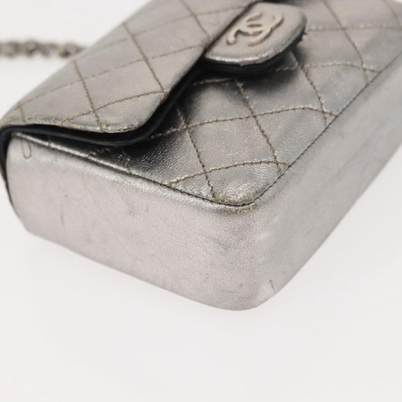 CHANEL Matelasse Chain Hand Bag Lamb Skin Silver CC Auth 148202