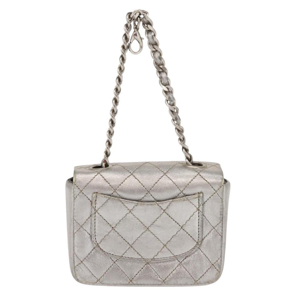 CHANEL Matelasse Chain Hand Bag Lamb Skin Silver CC Auth 148202