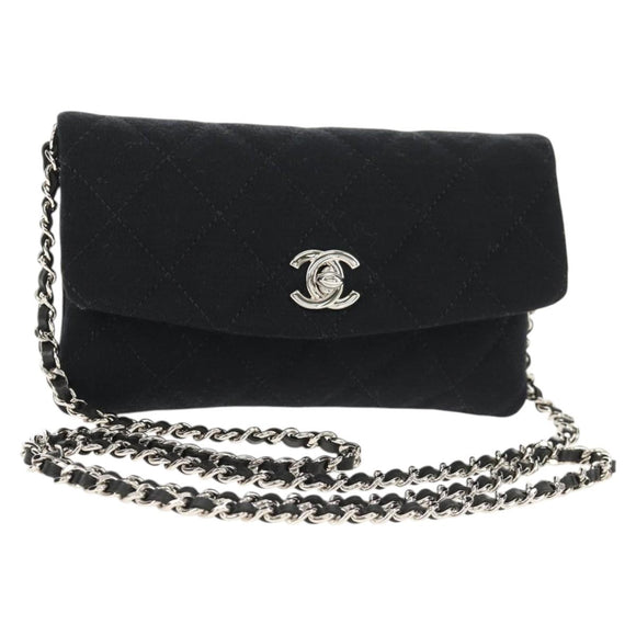 CHANEL Chain Shoulder Bag Cotton Black Silver CC Auth 148204V