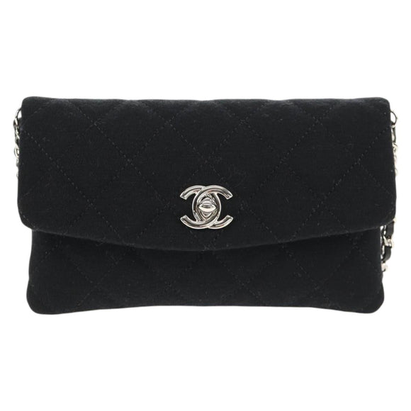 CHANEL Chain Shoulder Bag Cotton Black Silver CC Auth 148204V