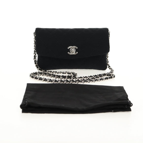 CHANEL Chain Shoulder Bag Cotton Black Silver CC Auth 148204V