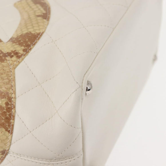 CHANEL Cambon Line Tote Bag Lamb Skin White Silver CC Auth 148211