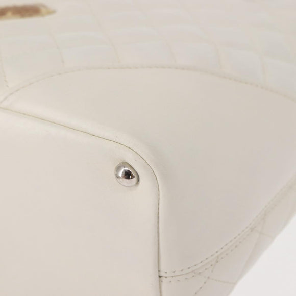 CHANEL Cambon Line Tote Bag Lamb Skin White Silver CC Auth 148211