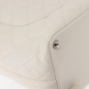 CHANEL Cambon Line Tote Bag Lamb Skin White Silver CC Auth 148211-16