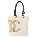 CHANEL Cambon Line Tote Bag Lamb Skin White Silver CC Auth 148211-1