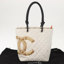 CHANEL Cambon Line Tote Bag Lamb Skin White Silver CC Auth 148211-12