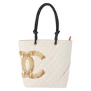 CHANEL Cambon Line Tote Bag Lamb Skin White Silver CC Auth 148211-13