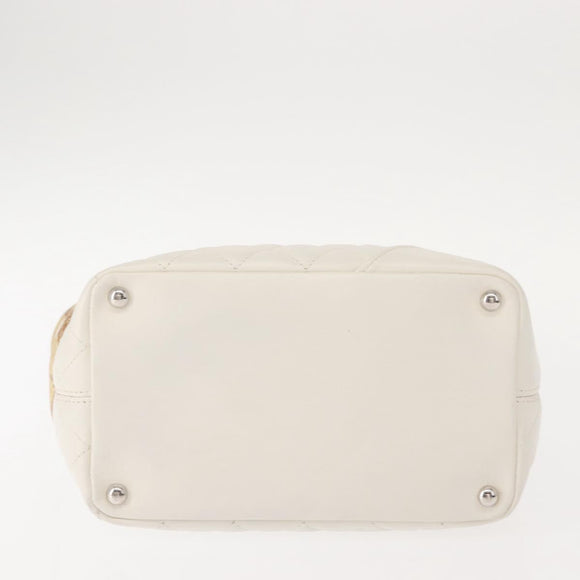 CHANEL Cambon Line Tote Bag Lamb Skin White Silver CC Auth 148211