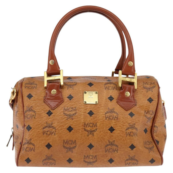 MCM Logogram Vicetos Boston Bag PVC 2way Brown Gold Auth 148233